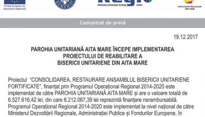 Parohia Unitariană Aita Mare începe implementarea proiectului de reabilitare a Bisericii Unitariene din Aita Mare