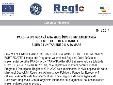 Parohia Unitariană Aita Mare începe implementarea proiectului de reabilitare a Bisericii Unitariene din Aita Mare