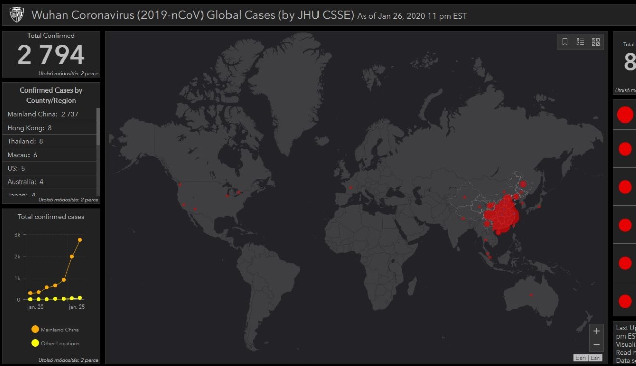Online térképen követhető az új koronavírus terjedése