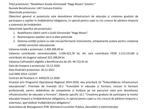 Anunț începere proiect Reabilitare Școala Gimnazială ”Nagy Mózes” Estelnic