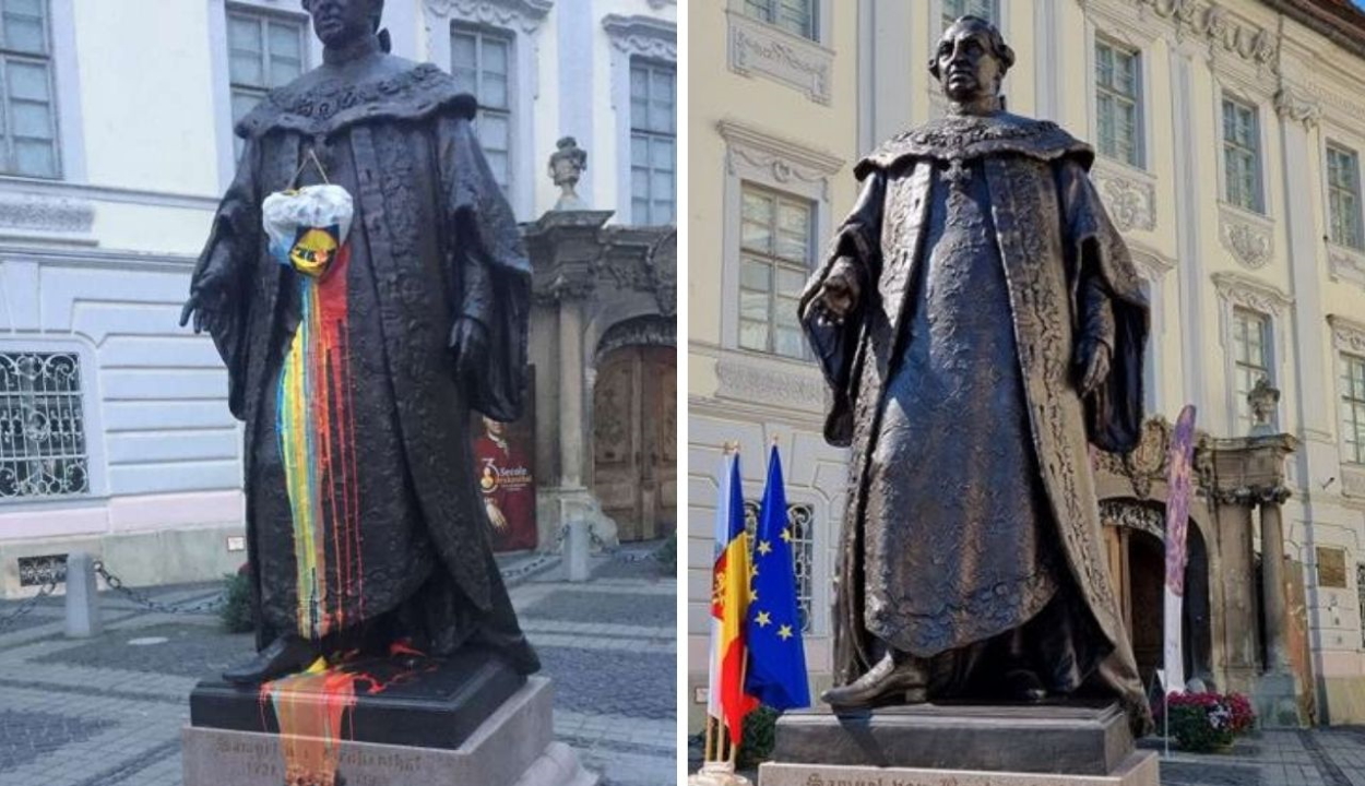 A román nemzeti színekkel mázolták le a nagyszebeni Brukenthal-szobrot