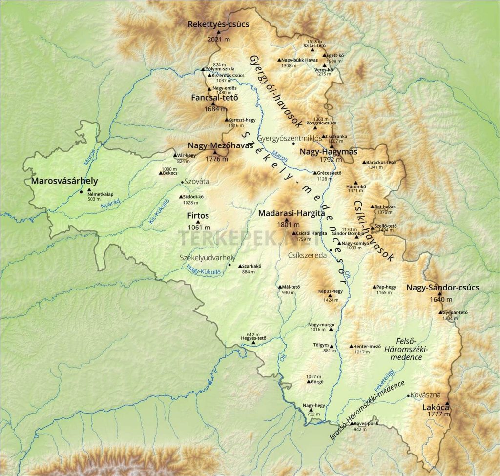 Ezen a térképen a Nyágra és Mesterháza közötti Sólyom-szikla képezi Székelyföld keleti határát. Forrás: szekelyfold.terkepek.net
