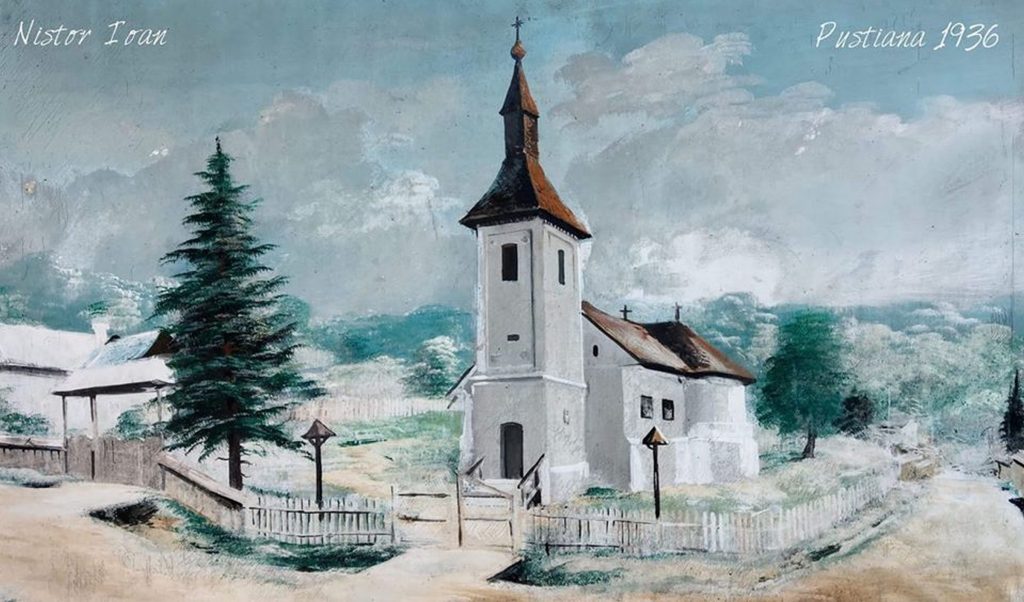 A régi templom 1936-ban, Nistor Ioan festményén. Fotó: pusztina.ro
