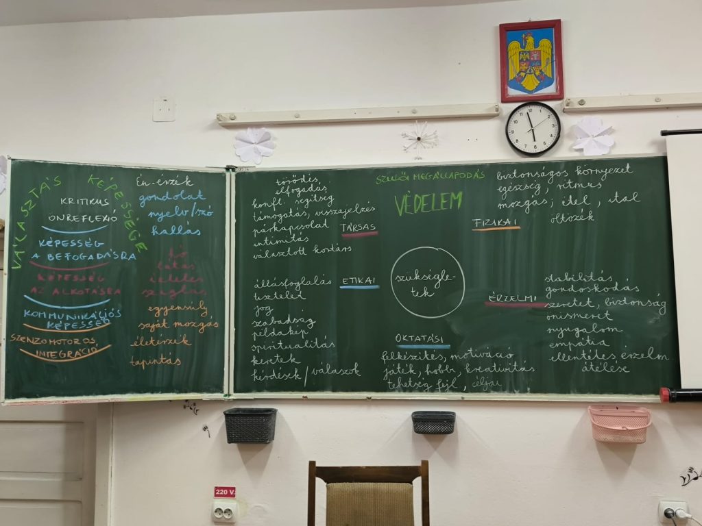 A bal oldalon az 5 képességhez kötött 12 érzéket, középen a gyerekek alapszükségleteit vázolta fel az oktató. Fotó: Farkas Orsolya