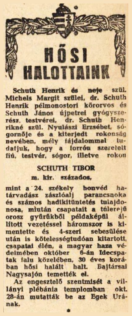 A családja által közzétett gyászjelentő. Fotó: Dunántúl (1944. nov. 8.)