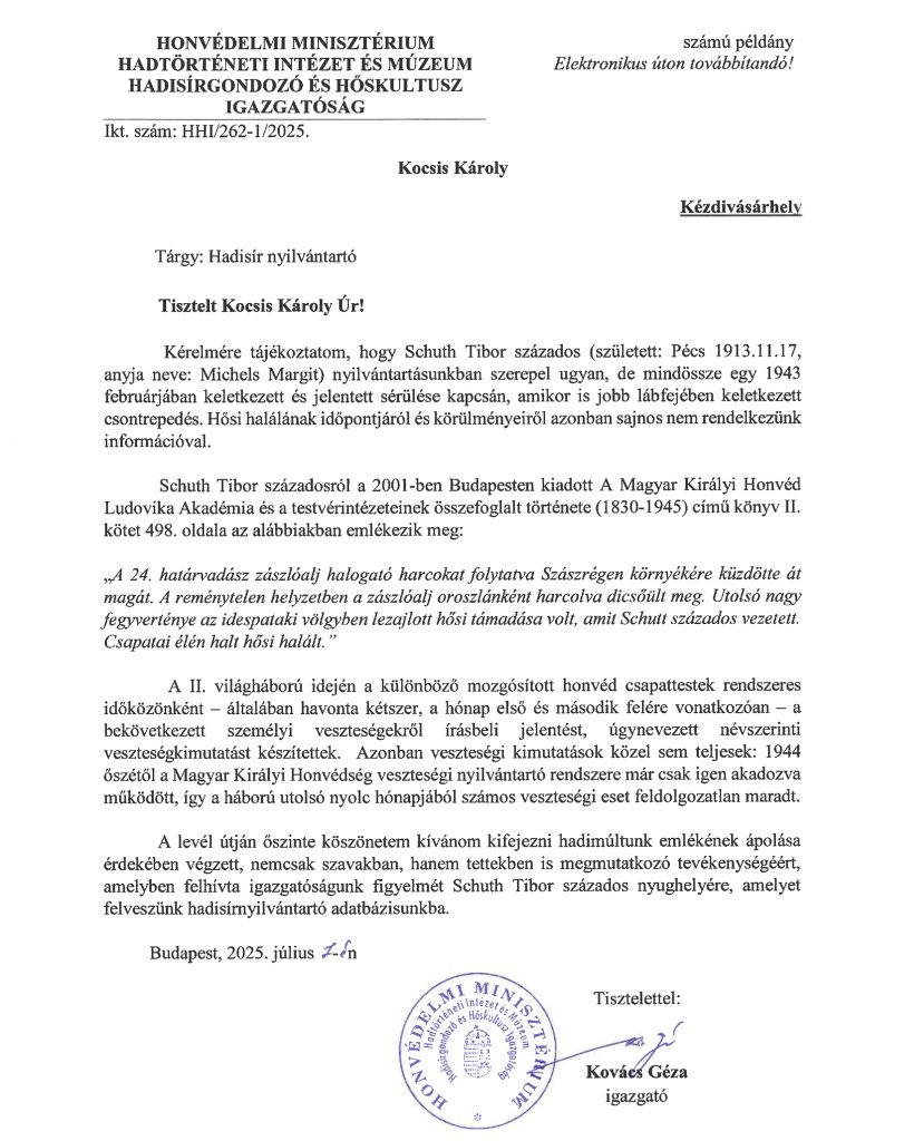 A hadisír-nyilvántartó válasza. Fotó: Kocsis Károly