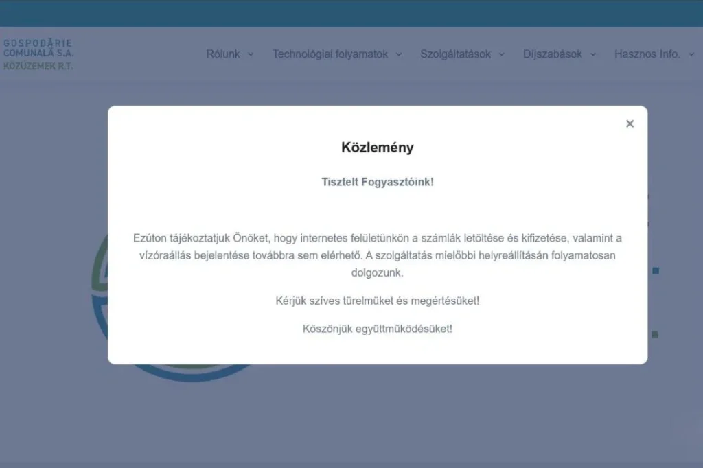 Egyelőre nem működik hibamentesen a szolgáltató internetes honlapja sem. Fotó: Képernyőfelvétel: a Közüzemek Rt. weboldala